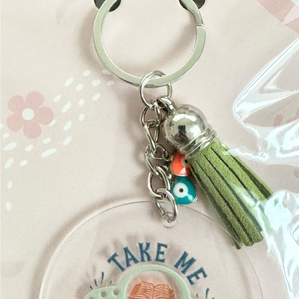 Keychain with Green Tassel and Silver Accents